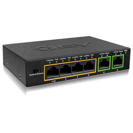 BV-Tech 6 Port PoE+ Switch (4 PoE+ Ports with 2 Ethernet Uplink and Extend Function) – 60W – 802.3at + 1 High Power PoE Port| Desktop Fanless Design | Plug & Play | Sturdy Metal Housing