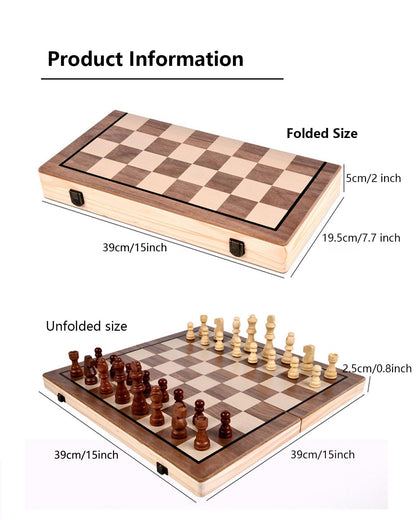 15" Wooden Chess Set | Folding Board, 2 Extra Queens | Magnetic Chess Board Set for Adults & Kids, Pieces Storage Slots Checkers Game for Kids Portable Travel Chess Game for Beginner