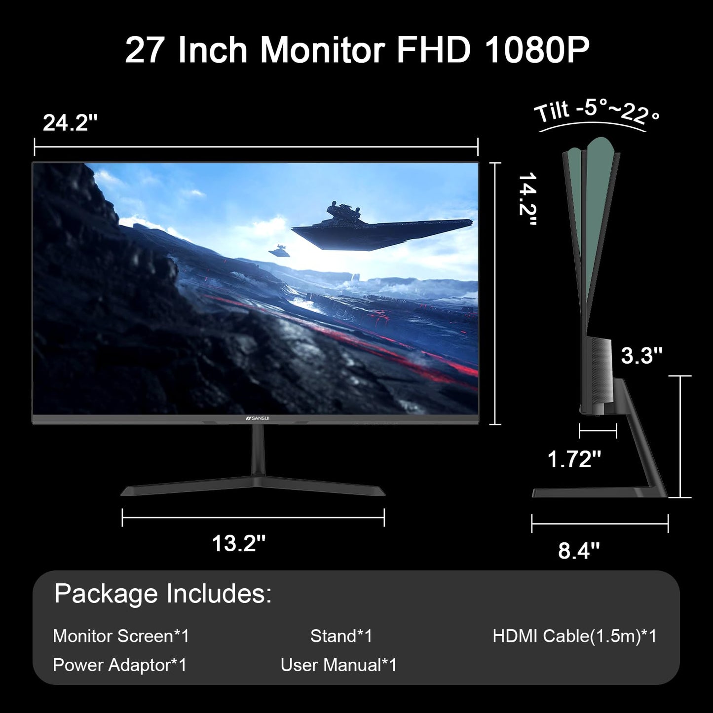 SANSUI 27 Inch Monitor, IPS 100Hz Computer Monitor Full HD 1920 x 1080P with HDMI VGA Interface Eye Care Frameless 100 x 100mm VESA (ES-27X3AL, HDMI Cable Included)