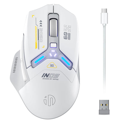 INPHIC IN9 Wireless Gaming Mouse, True Tri-Mode Bluetooth/Type-CWired/2.4G Wireless Mouse, 10000 DPl, Fully Programmable, RGB Backlit, Rechargeable Wireless Computer Mouse for Laptop PC Mac-White-Gray