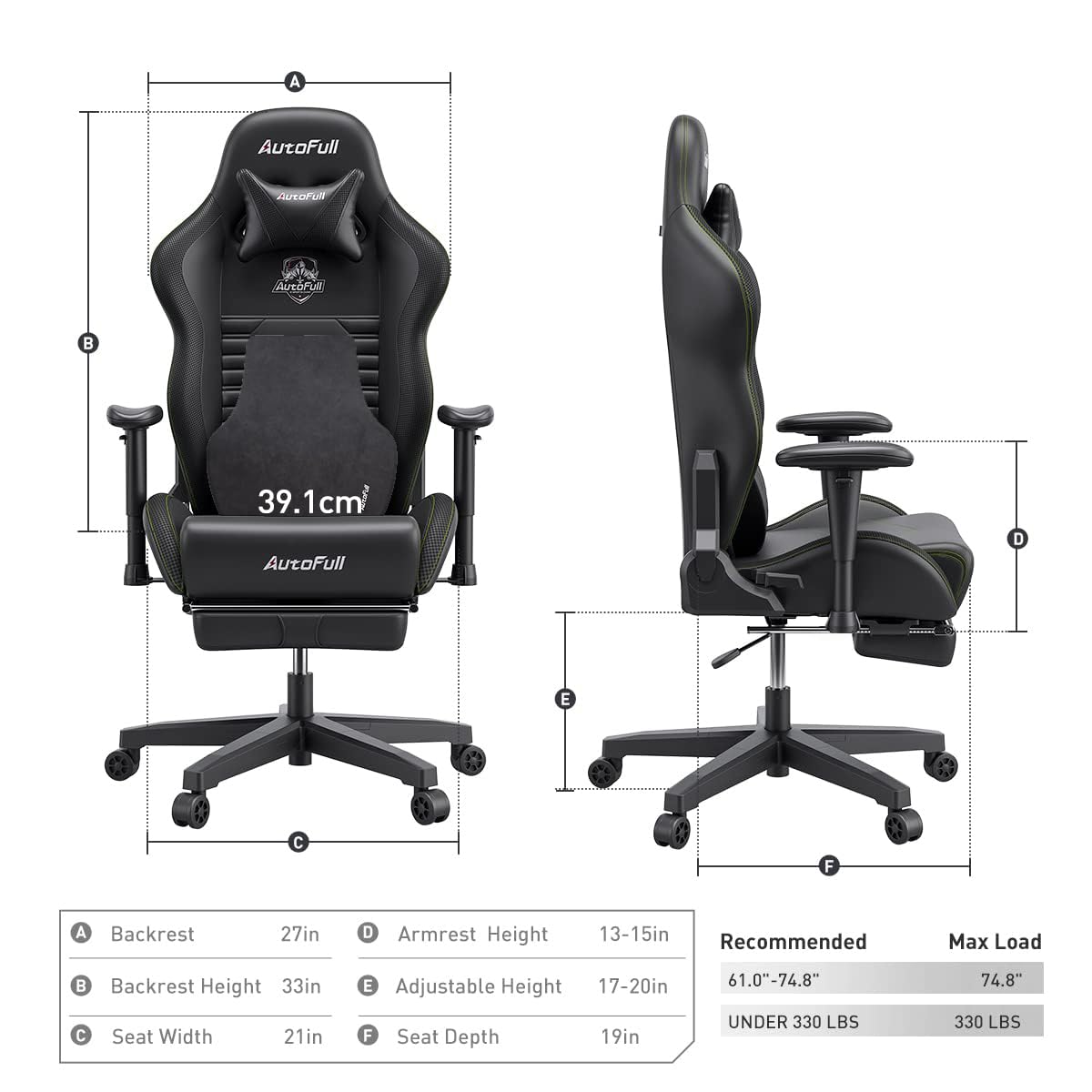 AutoFull Gaming Chair PC Chair with Ergonomics Lumbar Support, Racing Style PU Leather High Back Adjustable Swivel Task Chair with Footrest(Black)