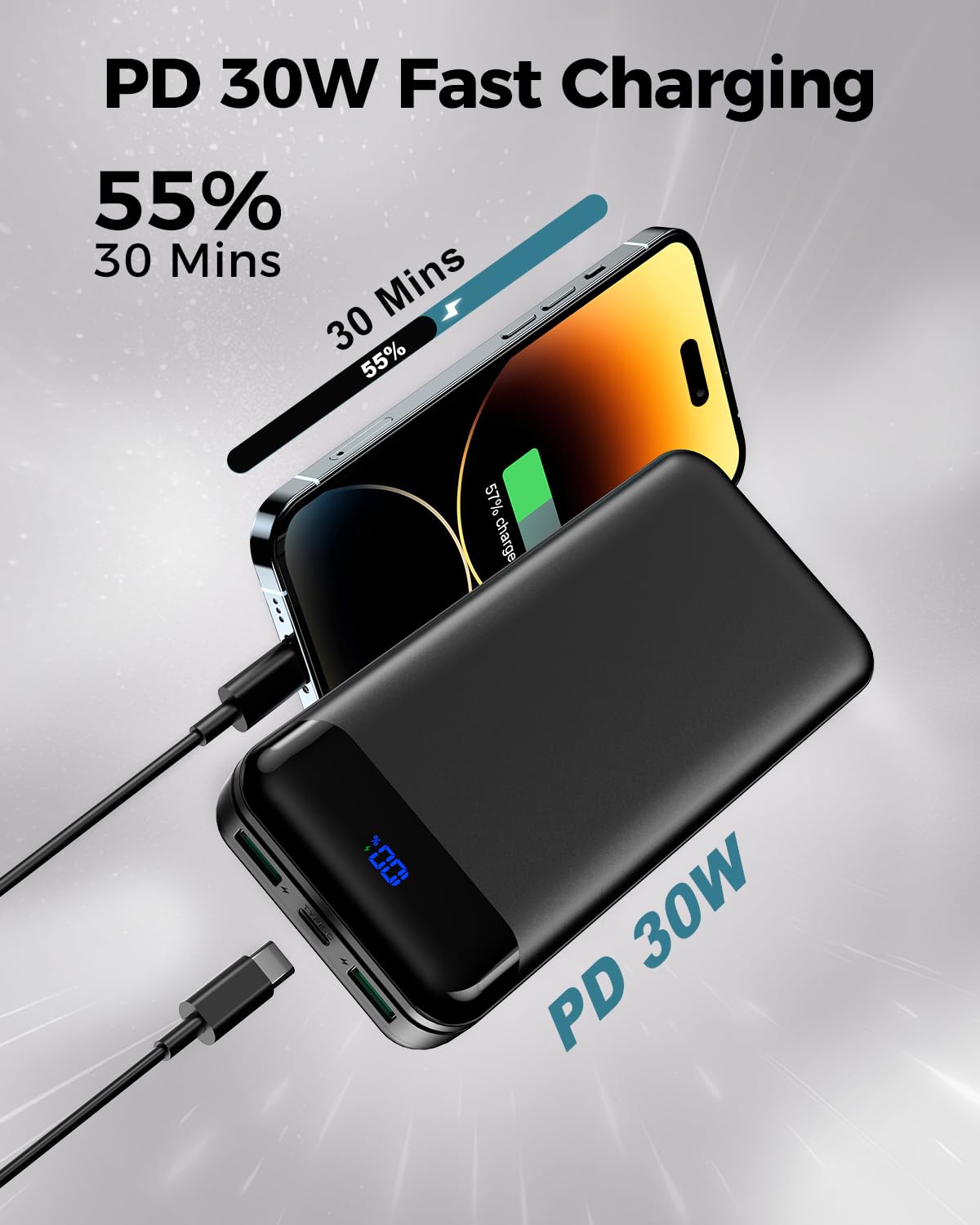 Portable Charger Power Bank 40000mAh Powerbank PD 30W and QC 4.0 Fast Charging External Battery Pack with USB-C LED 3 Outputs & 2 Inputs Portable Charging for iPhone 15 14 13 pro, Samsung