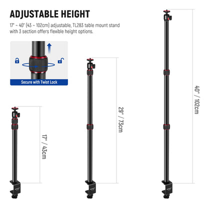 NEEWER Extendable Camera Desk Mount with 1/4" Ball Head, 17”-40” Adjustable Table Light Stand with 1/4" Screw Adapter and C Clamp for DSLR Camera, Ring Light, Live Stream, Vlog, Max Load: 6.6lb/3kg