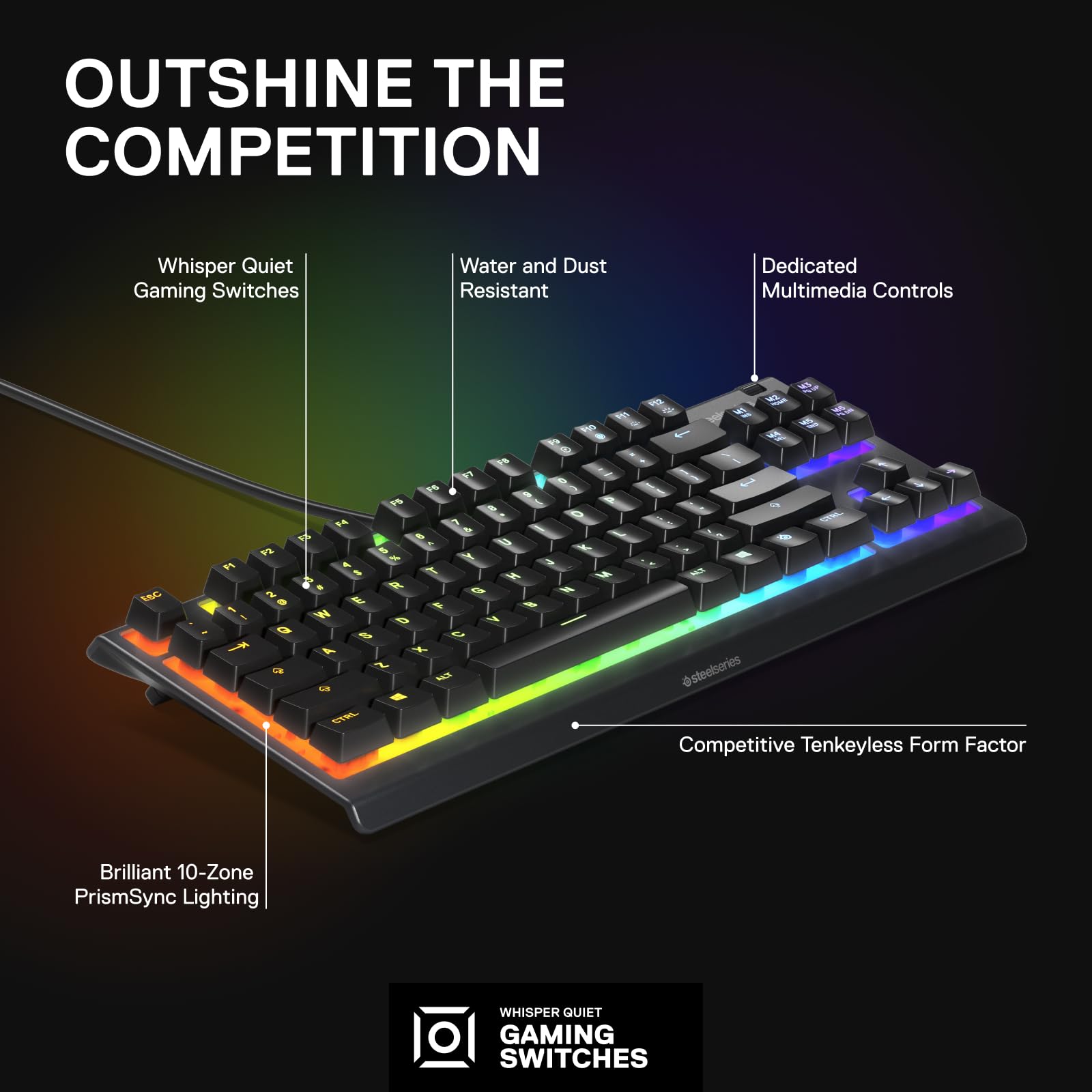 SteelSeries Apex 3 TKL RGB Gaming Keyboard – Tenkeyless Compact Form Factor - 8-Zone RGB Illumination – IP32 Water & Dust Resistant – Whisper Quiet Gaming Switch – Gaming Grade Anti-Ghosting,Black - amzGamess
