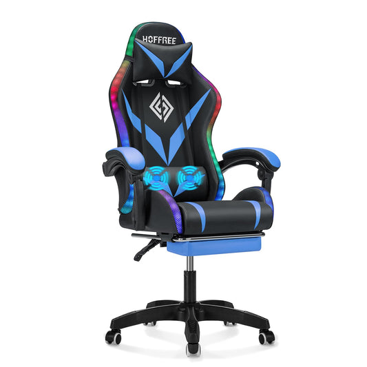 Gaming Chair with Massage and LED Lights Ergonomic Video Game Chairs with Footrest High Back Reclining Computer Chair with Adjustable Lumbar Support Blue and Black