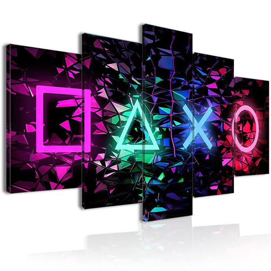 3D Gaming Wall Décor Canvas Paintings Funny 5 Pieces Neon Gamer Symbol Wall Art Pictures Colorful Cool Geometric Game Prints Artwork for Game Room Playroom 40"W x 20"H