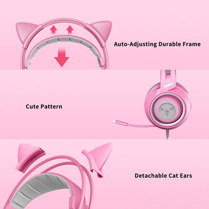SOMIC G951s Pink Stereo Gaming Headset with Mic for PS4,Xbox,PC,Mobile Phone,3.5mm Noise Reduction Cat Ear Headphones Lightweight Over Ear Headphones for Girls - amzGamess