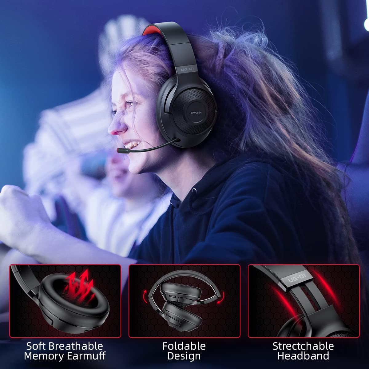 2.4Ghz Wireless Gaming Headset for PC, PS5, PS4, MacBook, with Microphone, Over-Ear Bluetooth Headphones for Cell Phone, Soft Earmuff - 40 Hours Playtime, Only Wired Mode for Xbox Series, Red - amzGamess