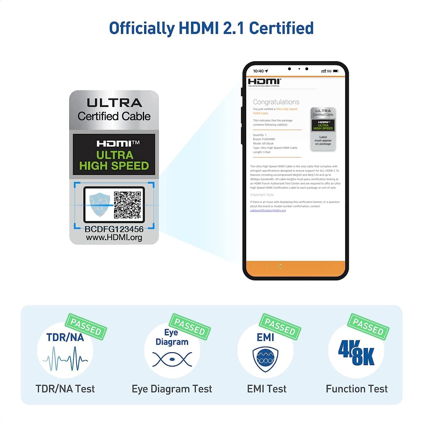 Fusion8K HDMI 2.1 Certified Cable Supports 8K @60Hz and 4K @120Hz Compatible with All TVs, BluRay, Xbox Series X, PS5 (6 Feet)