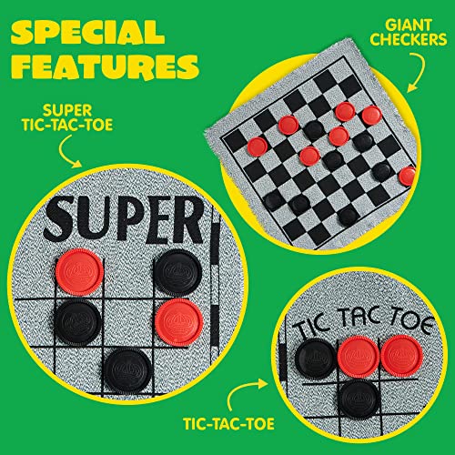 3-in-1 Vintage Giant Checkers and Tic Tac Toe Game with Reversible Mat, 24 Chips, Family Board Game, Lawn Game, BBQ Party Favor, Indoor and Outdoor Activity for Kids and Adults