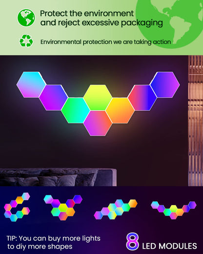 NIUCOO 8 Pack Hexagon Led Lights Wall Panels: RGB Gaming Lights with APP Smart Modular Panel Hex Tiles Push Glide Expansion Shapes Lights