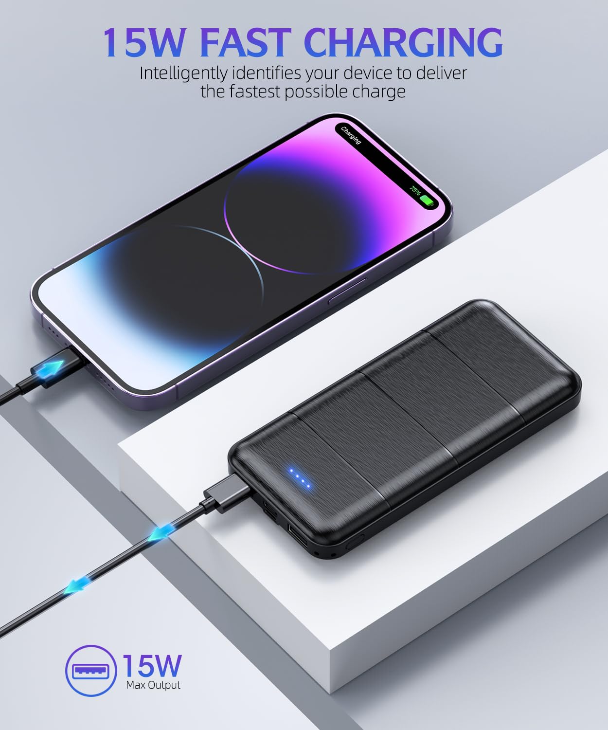 LOVELEDI Portable-Charger-Power-Bank - 2 Pack 15000mAh Dual USB Power Bank Output 5V3.1A Fast Charger Portable Charger Compatible with Smartphones and All USB Devices (Deep Black and White)