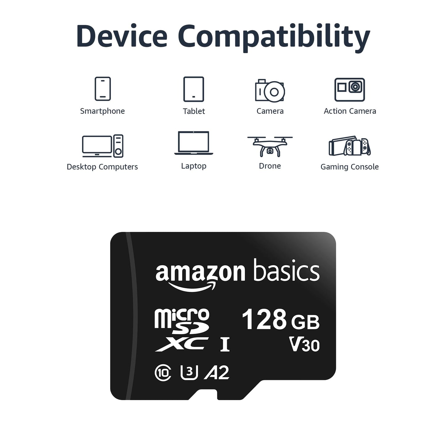 Amazon Basics Micro SDXC Memory Card with Full Size Adapter, A2, U3, Read Speed up to 100 MB/s, 128 gb, Black