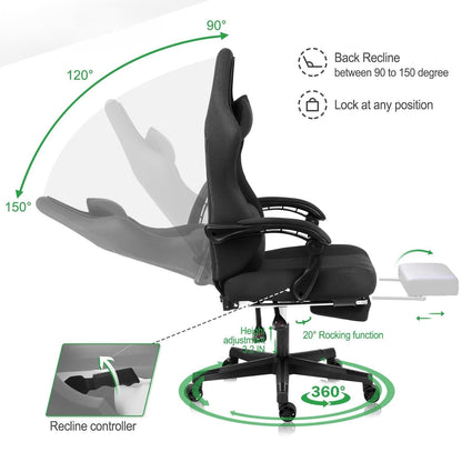 Ulody Gaming Chair,Big and Tall Gaming Chair with Footrest,Ergonomic Computer Chair,Fabric Office Chair with Lumbar Support,360 Degree Swivel and Height Adjustment,Video Gaming Chair for Adults-Black