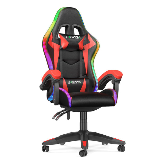 Bigzzia RGB Gaming Chair with LED Lights and Ergonomic Computer Chair Reclining PU Leather High Back Video Game Chair with Headrest Adjustable Lumbar Support Linkage Armrest for Adults (Black/Red)
