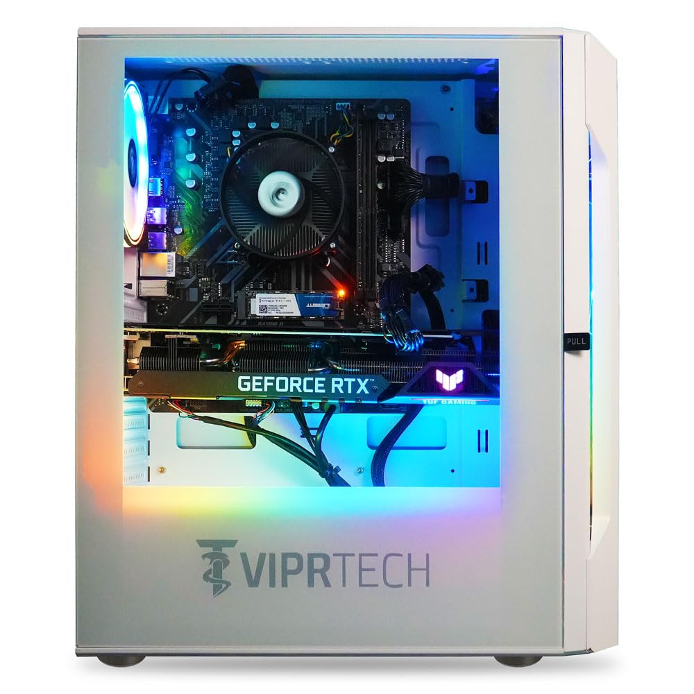 ViprTech Rebel 4.0 Gaming PC - AMD Ryzen 7 (16-LCore 4.1Ghz), RTX 4060 8GB, 32GB DDR4 3200 RAM, 1TB NVMe SSD, 600W Gold PSU, VR-Ready, Streaming, WiFi, RGB, Win 11 Pro, White Desktop Computer