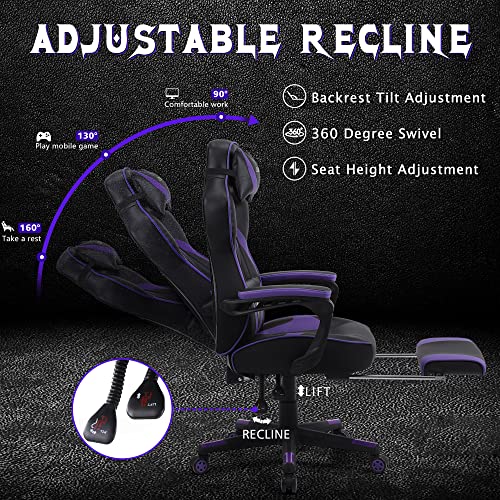 Zeanus Purple Reclining Gaming Chair with Footrest - Ergonomic for Heavy People, Massage, Racing Style