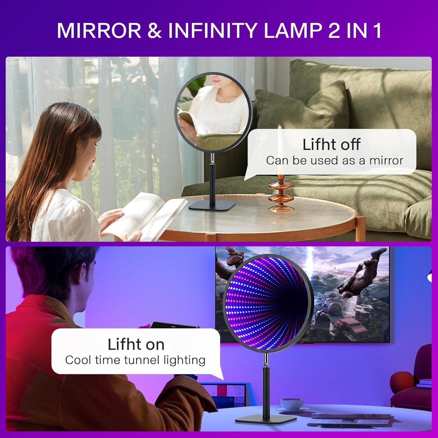 3D Night Light with Infinity Mirror,Illusion Time Tunnel,Cool RGB LED Desk Table Lamp for Gaming Room Dorm Wedding Decor Party,Fun Healing Neon Lights,Unique Birthday Christmas Gift for Boy Girl - amzGamess