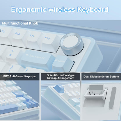 AULA F75 75% Wireless Mechanical Keyboard,Gasket Hot Swappable Custom Keyboard,Pre-lubed Greywood Switch RGB Backlit Gaming Keyboard,2.4GHz/Type-C/Bluetooth Keyboard (Salt White Blue)