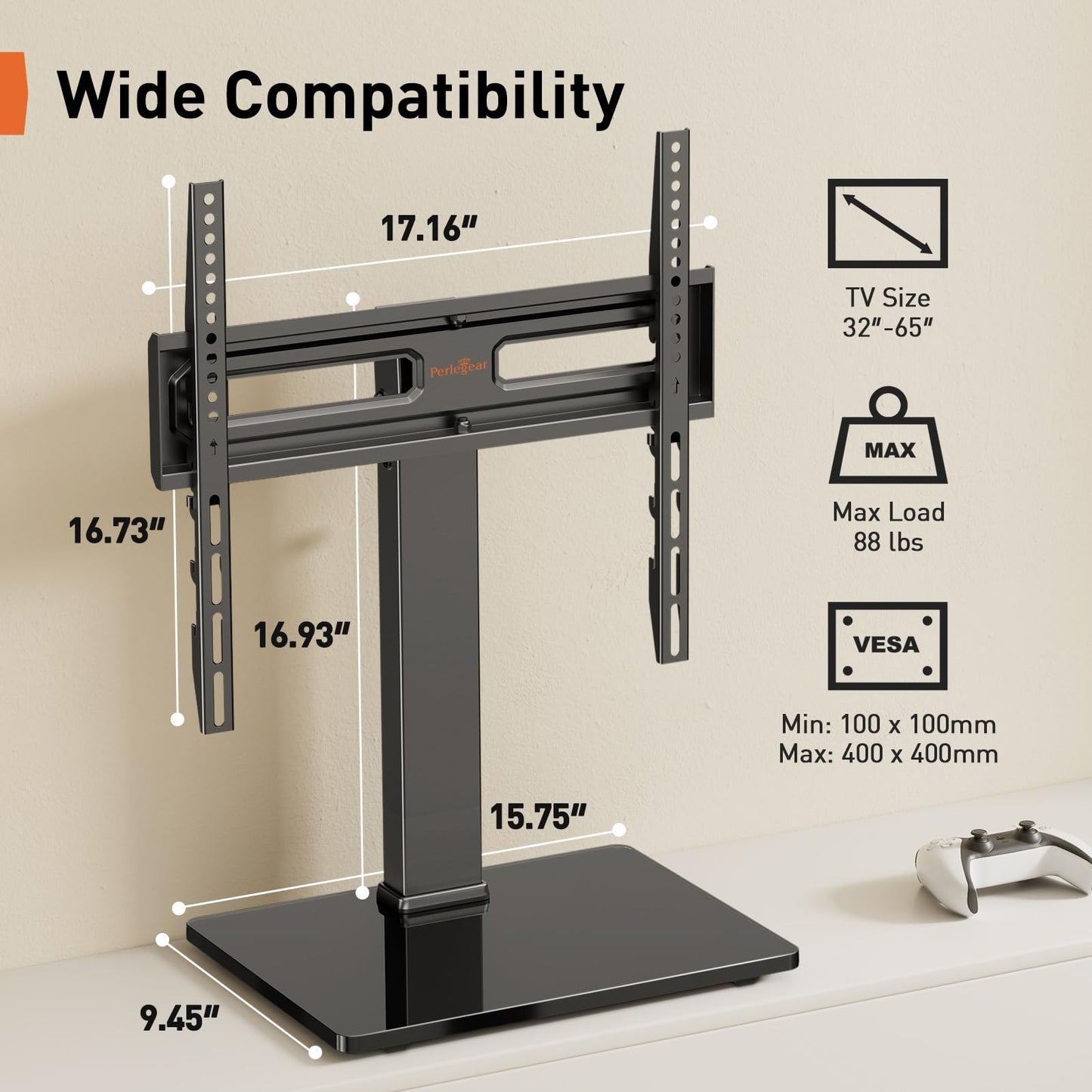 Perlegear Universal Swivel TV Stand with Power Outlet, Tabletop TV Stand for 32–60,65 Inch TVs up to 88 lbs, Tempered Glass TV Mount Stand Base with Height Adjustment, Tilt, Max VESA 400x400mm,PGTVS27