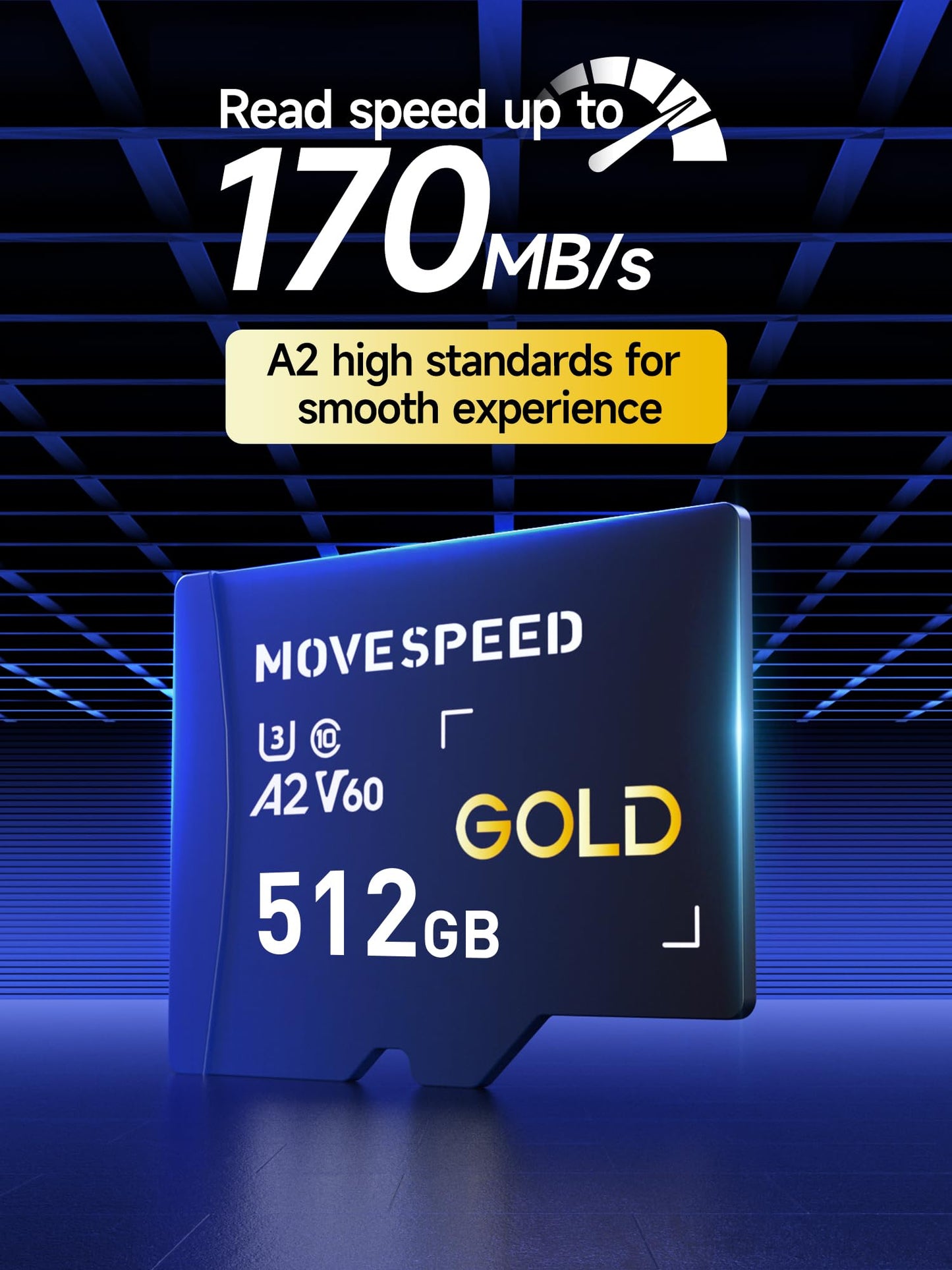 MOVE SPEED 512GB Micro SD Card, Up to 170MB/s Micro SD Memory Card, A2 U3 V60, 4K Full HD Video Recording, with Card Reader and Adapter, for Driving Recorder
