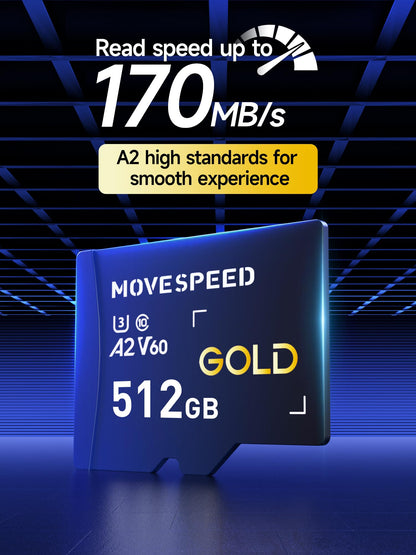 MOVE SPEED 512GB Micro SD Card, Up to 170MB/s Micro SD Memory Card, A2 U3 V60, 4K Full HD Video Recording, with Card Reader and Adapter, for Driving Recorder