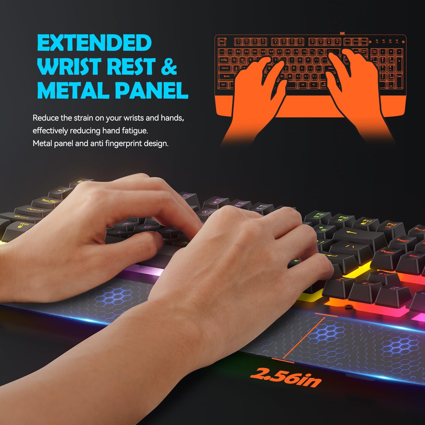 Gaming Keyboard, RGB Light Up Keyboard with Extended Wrist Rest Metal Panel, 104 Keys Rainbow Backlit Wired Keyboard for Gaming, Full Size Quiet Computer Keyboard, Multimedia Keys, Anti-ghosting Keys - amzGamess