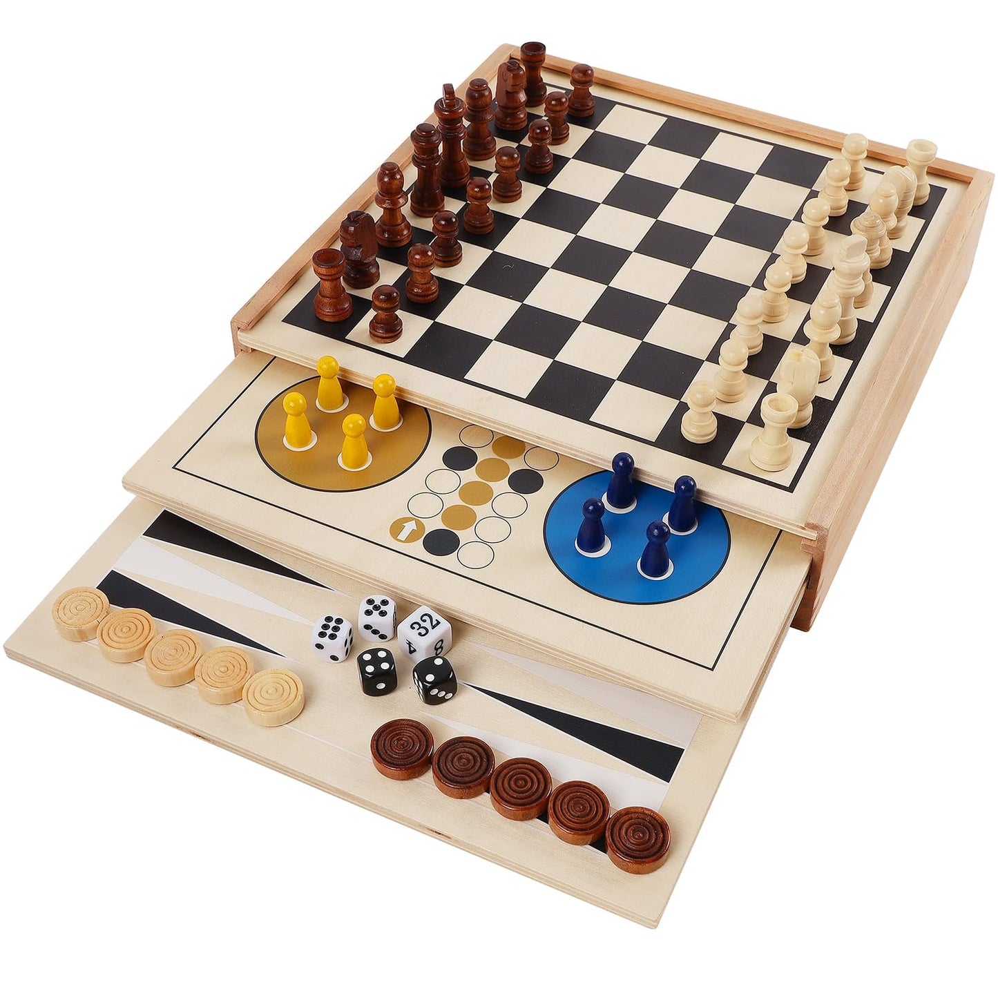 Juegoal 7-in-1 Wooden Board Game Set for Kids Adults, Tabletop Combo Classic Travel Portable Board Games (Chess, Checkers, Chinese Checkers, Backgammon, Parcheesi, Snakes and Ladders, Tic Tac Toe) - amzGamess