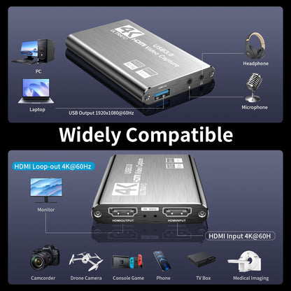 XIIXMASK Video Capture Card, Audio Video Capture Card, USB 3.0 Capture Card 4K HDMI Loop-Out, 1080P 60FPS/2K 30FPS Video Game Capture for Streaming Works for PS5/Switch/Camera/PC/OBS