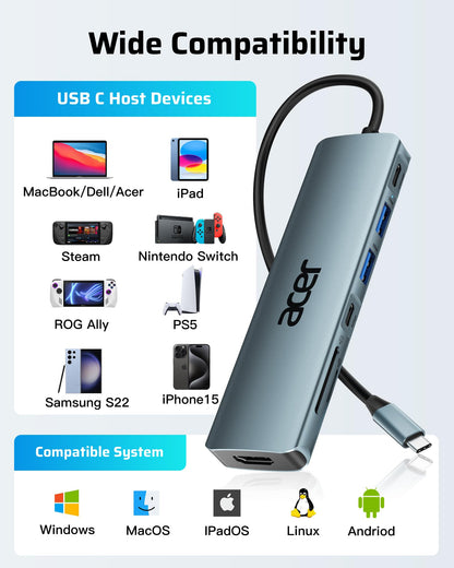 Acer USB C Hub, 7 in 1 USB C to HDMI Splitter, 2 USB 3.1 GEN1 and 5Gbps Type-C Data Port, 4K HDMI Port, PD 100W Charging, SD Card Reader, for iPad Pro MacBook Pro Acer Laptops and More