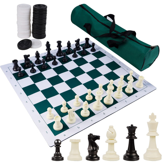 Juegoal 20" Portable Chess & Checkers Set, 2 in 1 Travel Board Games for Kids and Adults, Folding Roll up Chess Game Sets, Extra 26 Checker Pieces, Tournament Thick Mousepad Mat with Storage Bag