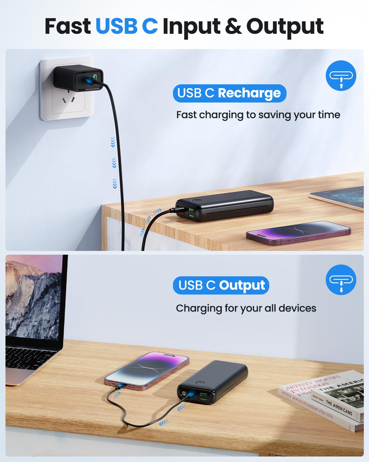 Portable Charger Power Bank 30000mAh - USB C 22.5W Fast Charging External Battery Pack Charging Bank PD QC4.0 with Flashlight 3 Outputs & 2 Inputs Phone Charger for iPhone Samsung Galaxy iPad etc