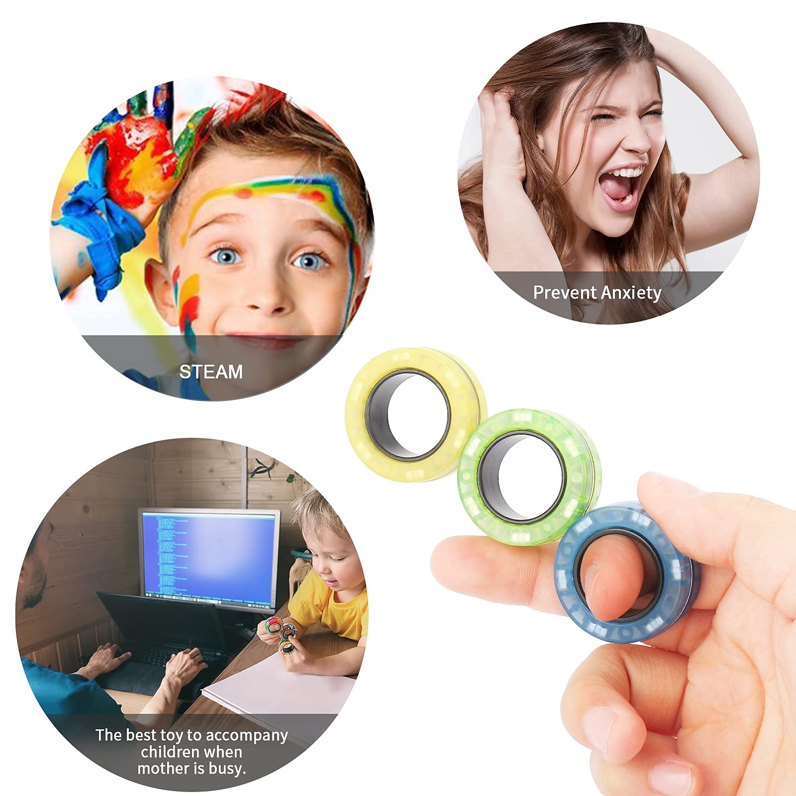 3PCS Magnetic Rings Fidget Toy Set, Idea ADHD Hand Exerciser Fidget Toys, Adult Fidget Magnets Spinner Rings for Anxiety Relief Therapy, Fidget Pack Great Gift for Adults Teens Kids - amzGamess
