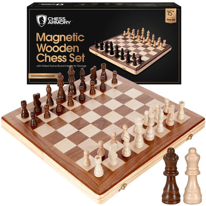 Chess Armory Chess Sets 15 Inch Magnetic Wooden Chess Set Board Game for Adults and Kids with Extra Queen Pieces & Storage Box