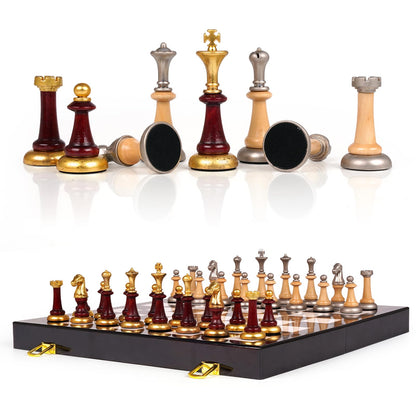 Wooden+Metal Chess Set for Adults and Kids – Marbling Chess Board with Chess Pieces – Portable Travel Chess Sets Metal Wooden Chessmen Folding Chessboard – Two Extra Queens