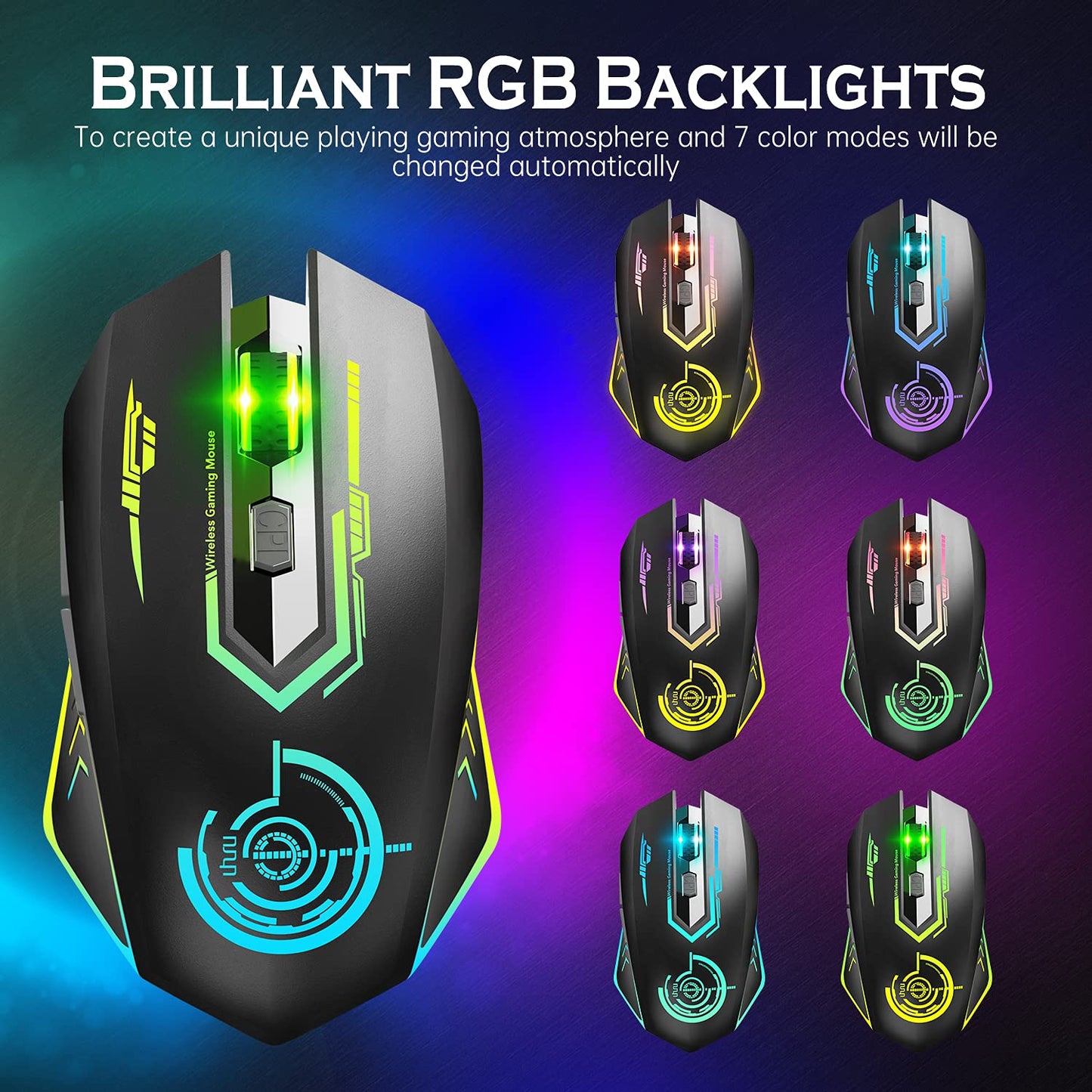 UHURU Wireless Gaming Mouse Up to 10000 DPI, Rechargeable USB Wireless Mouse with 6 Buttons 7 Dynamic LED Color Ergonomic Programmable MMO RPG for PC Laptop, Compatible with Windows Mac - amzGamess