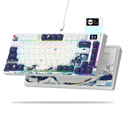 Womier S-K80 75% Keyboard with Color Multimedia Display Mechanical Gaming Keyboard, Hot Swappable Keyboard, Gasket Mount RGB Custom Keyboard, Pre-lubed Stabilizer for Mac/Win, White Kanagawa Theme