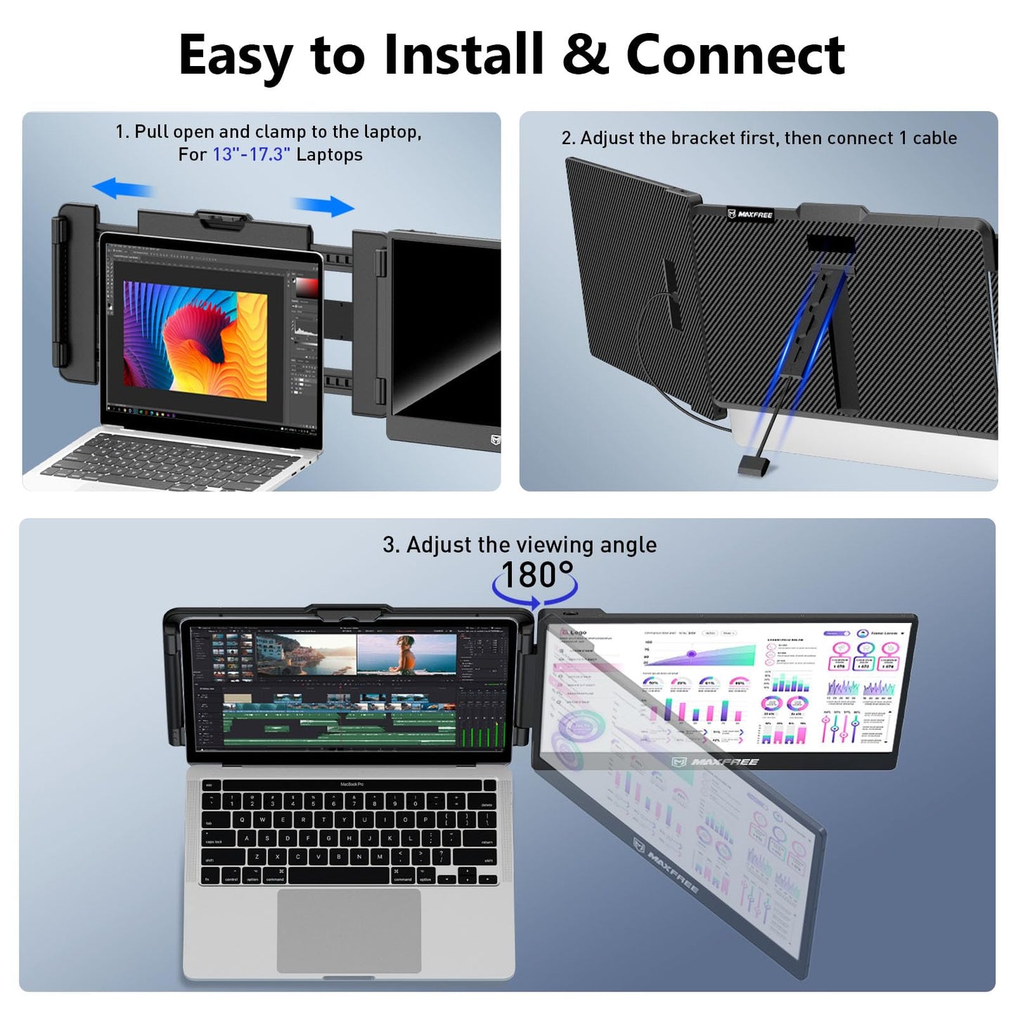 Maxfree S1 Laptop Screen Extender - 14'' Laptop Monitor Extender Plug & Play, 1080P FHD Portable Monitor for 13-17'' Laptops, Compatible with macOS/Windows/Dex/Android/Switch/PS5