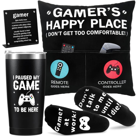 Gamer Gifts, Gaming Gifts for Men, My Gamer Gifts Box- Easter Basket Stuffers (Gamer Tumbler+Pillow Cover+ Socks+Stainless Sign) for Men, Him, Teen Boys, Boyfriends, Father, Gamers, Video Game Lover - amzGamess