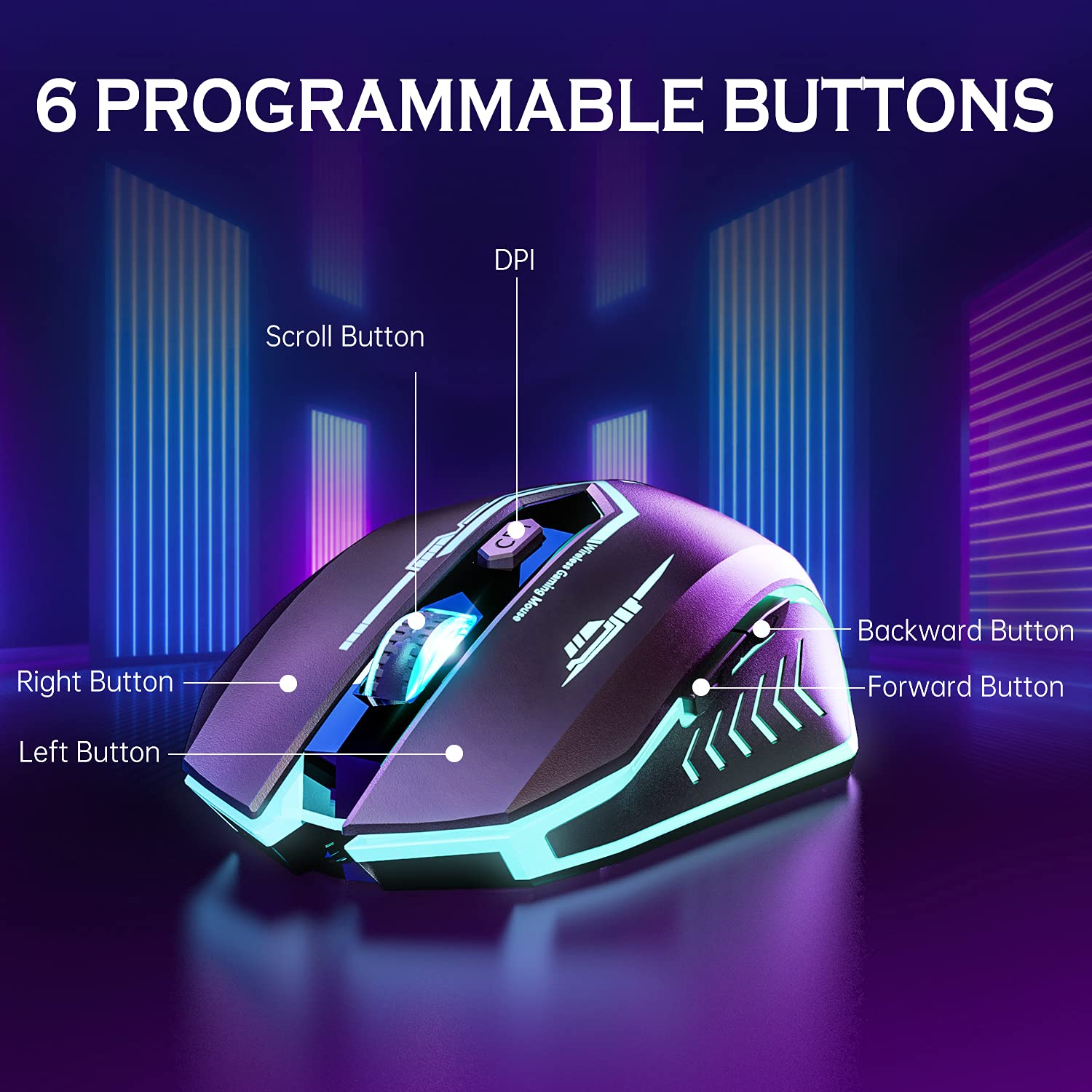 UHURU Wireless Gaming Mouse Up to 10000 DPI, Rechargeable USB Wireless Mouse with 6 Buttons 7 Dynamic LED Color Ergonomic Programmable MMO RPG for PC Laptop, Compatible with Windows Mac - amzGamess