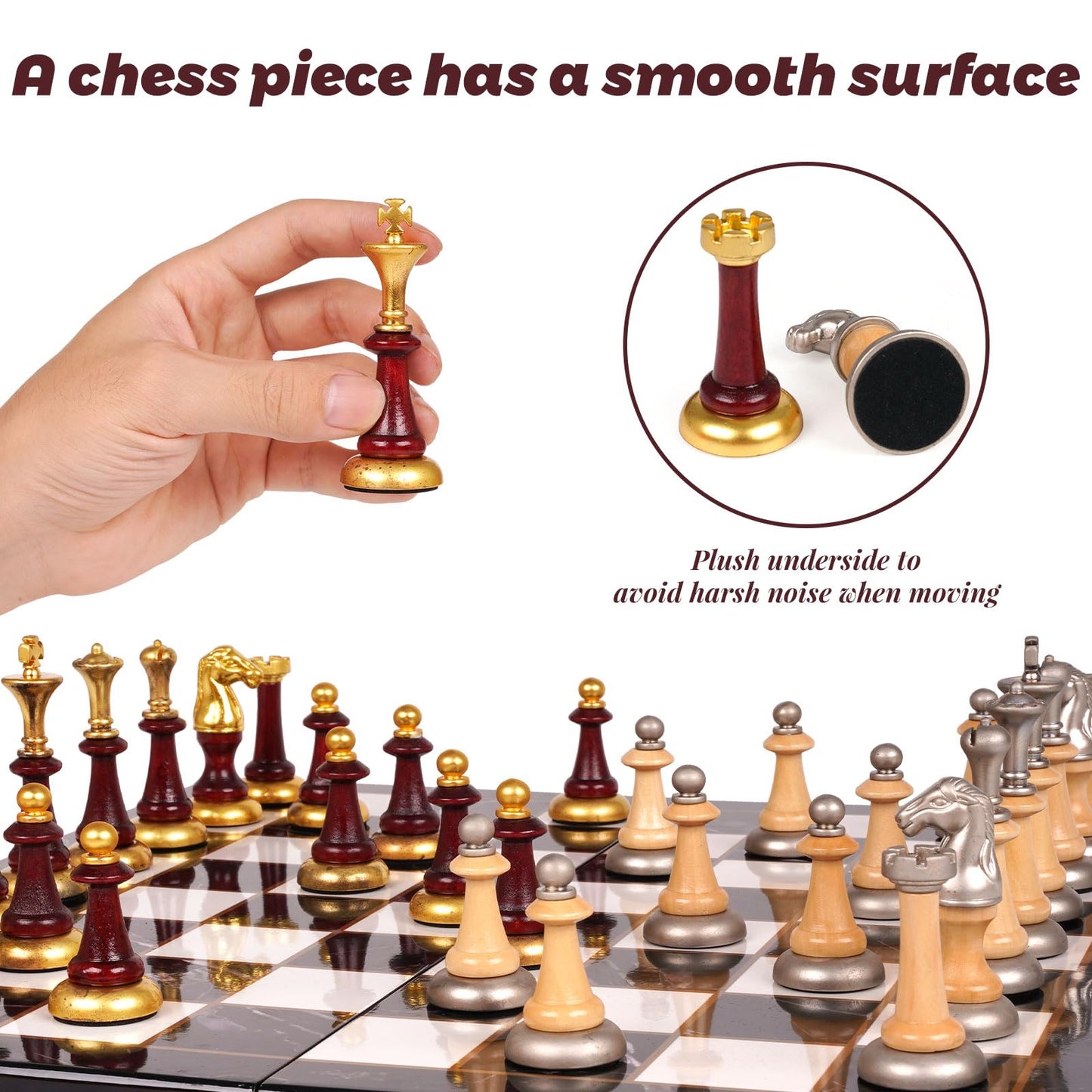 Wooden+Metal Chess Set for Adults and Kids – Marbling Chess Board with Chess Pieces – Portable Travel Chess Sets Metal Wooden Chessmen Folding Chessboard – Two Extra Queens