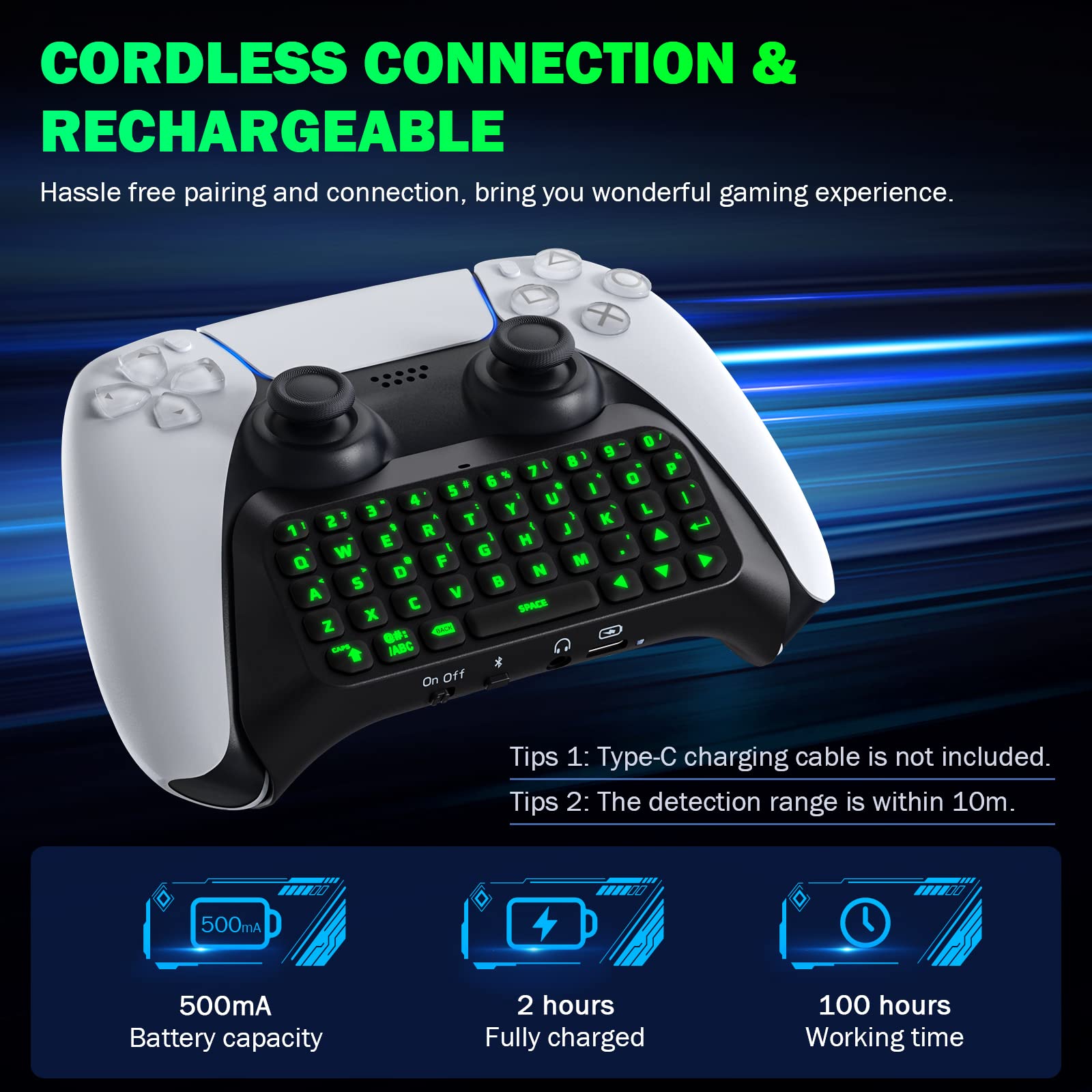 MoKo Keyboard for PS5 Controller with Green Backlight, Bluetooth Wireless Mini Keypad Chatpad for Playstation 5, Built-in Speaker & 3.5mm Audio Jack for PS5 Controller Accessories - amzGamess