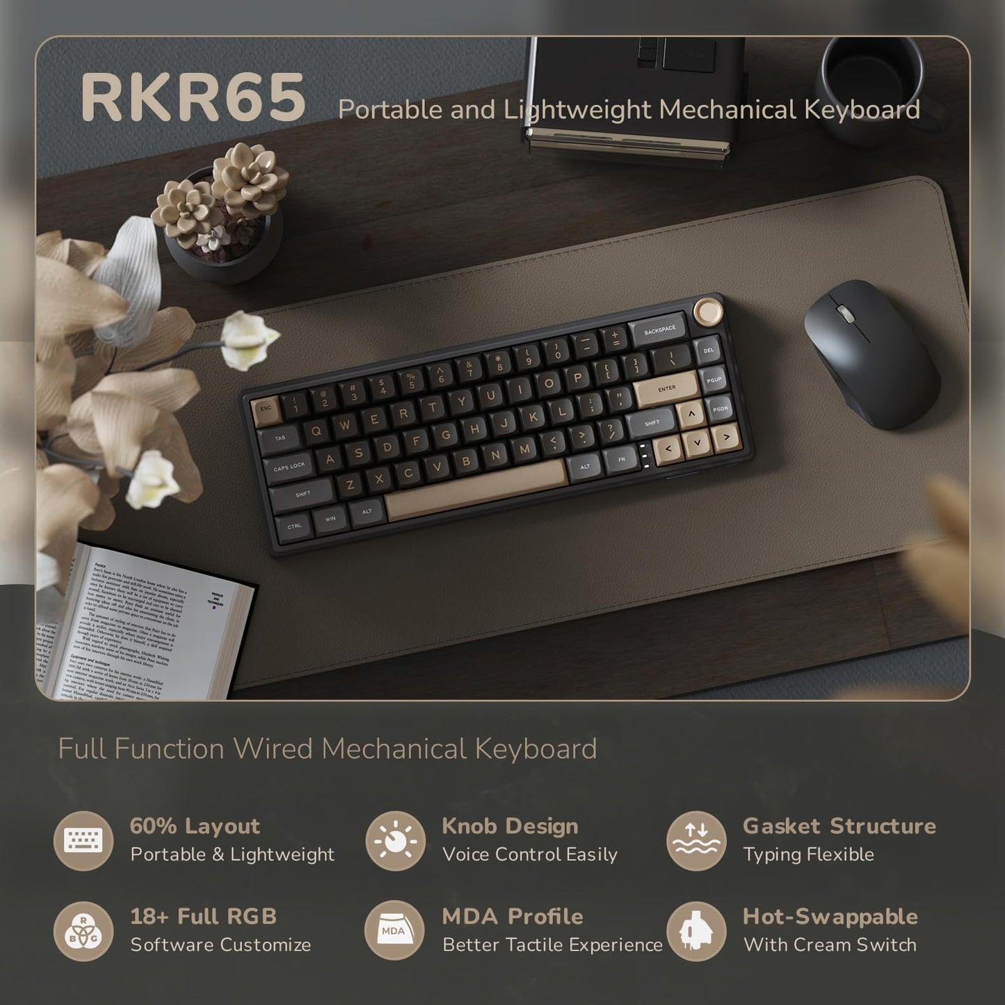 RK ROYAL KLUDGE R65 Wired Gaming Keyboard with Volume Knob, 60% Percent RGB Backlit Mechanical Keyboard Gasket Mount with PBT Keycaps, MDA Profile, QMK/VIA, 66 Keys Hot Swappable Cream Switch, Black