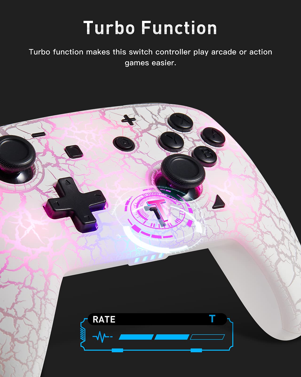 binbok Switch Controller, Wireless Switch Pro Controller for Switch/Switch Lite/Switch OLED, 8 Colors Adjustable LED Wireless Remote Gamepad with Unique Crack/Turbo/Motion Control (White) - amzGamess