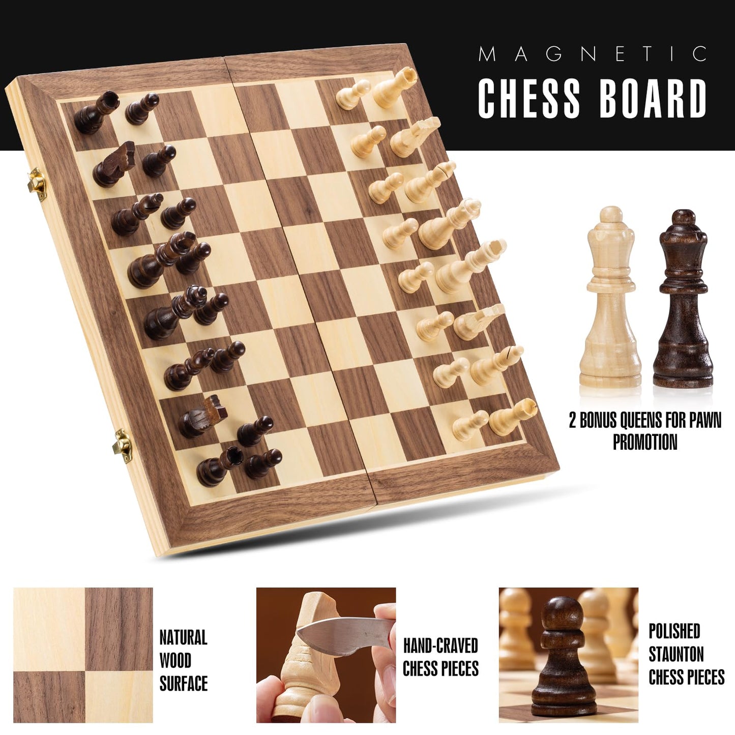 ASNEY Upgraded Magnetic Chess Set, 15" Tournament Staunton Wooden Chess Board Game Set with Magnets, Crafted Chesspiece ans Storage Slots for Kids Adult, Includes Extra Queens