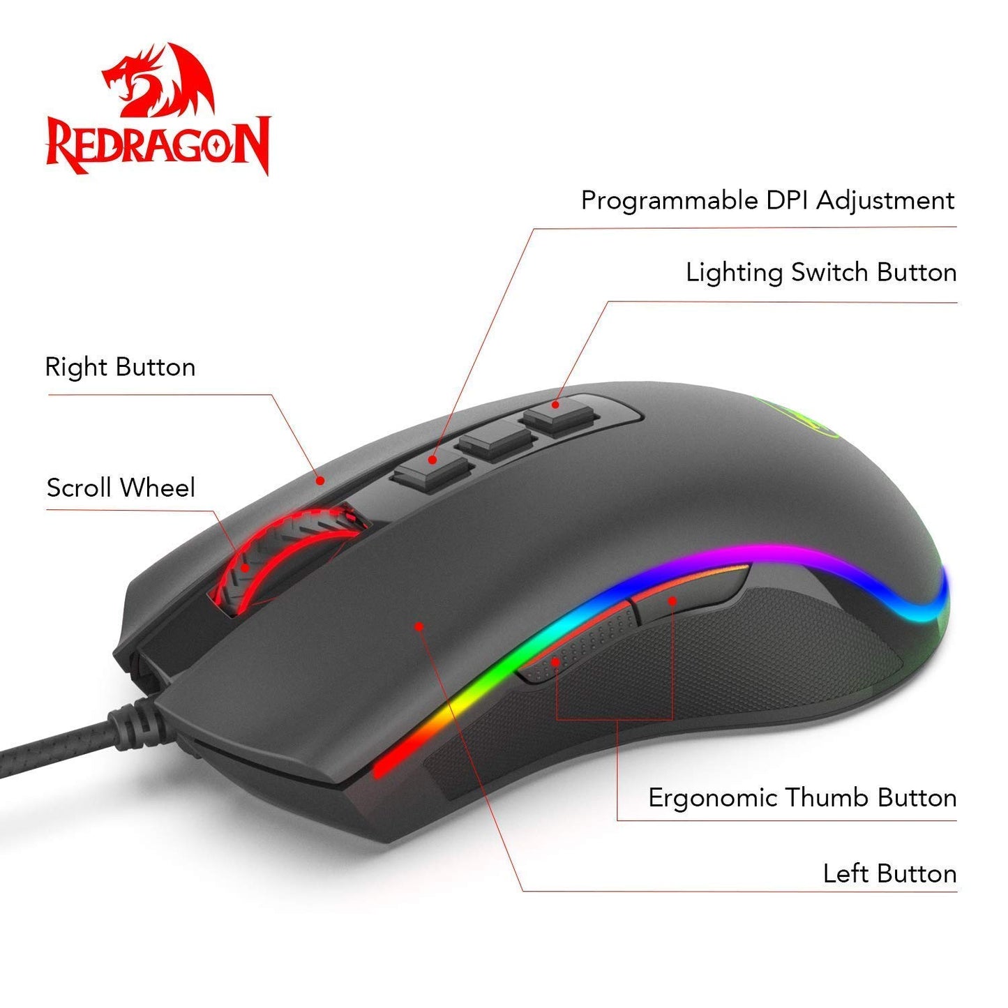Redragon M711 Cobra Gaming Mouse with 16.8 Million RGB Color Backlit, 10,000 DPI Adjustable, Comfortable Grip, 7 Programmable Buttons - amzGamess