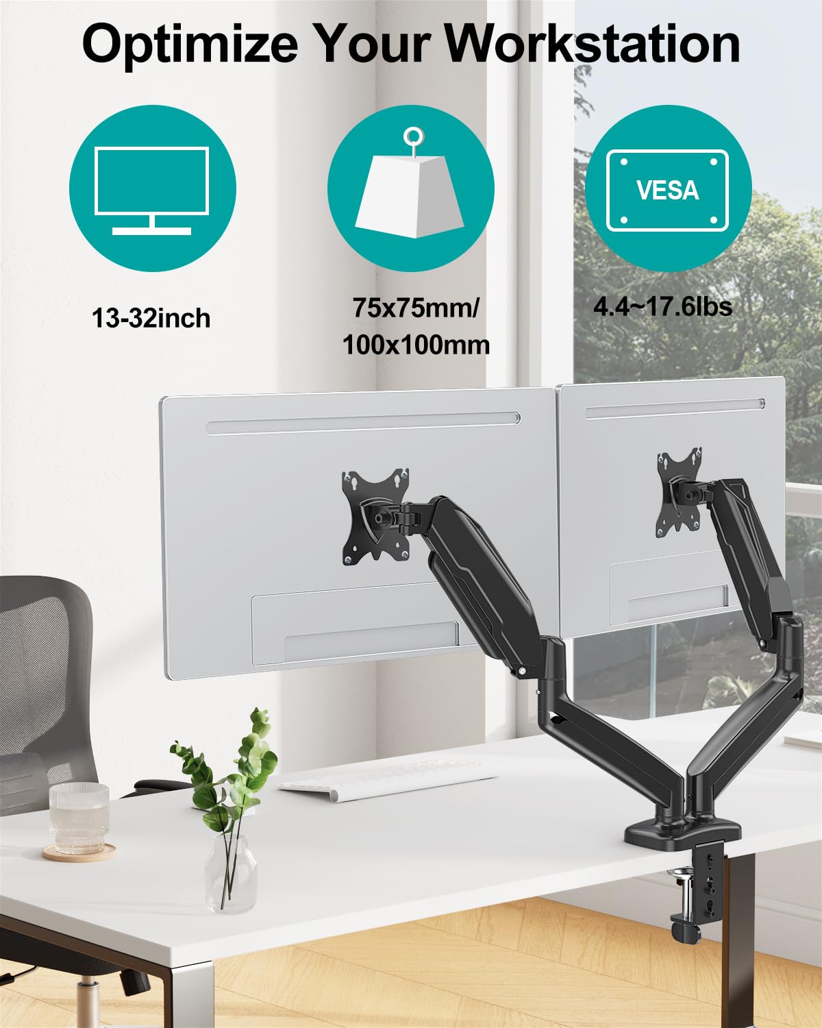 MOUNT PRO Dual Monitor Mount Fits 13 to 32 Inch Computer Screen, Height Adjustable Monitor Stand for 2 Monitors, Gas Spring Monitor Arm Holds up to 17. 6lbs Each, Monitor Desk VESA Mount, Black