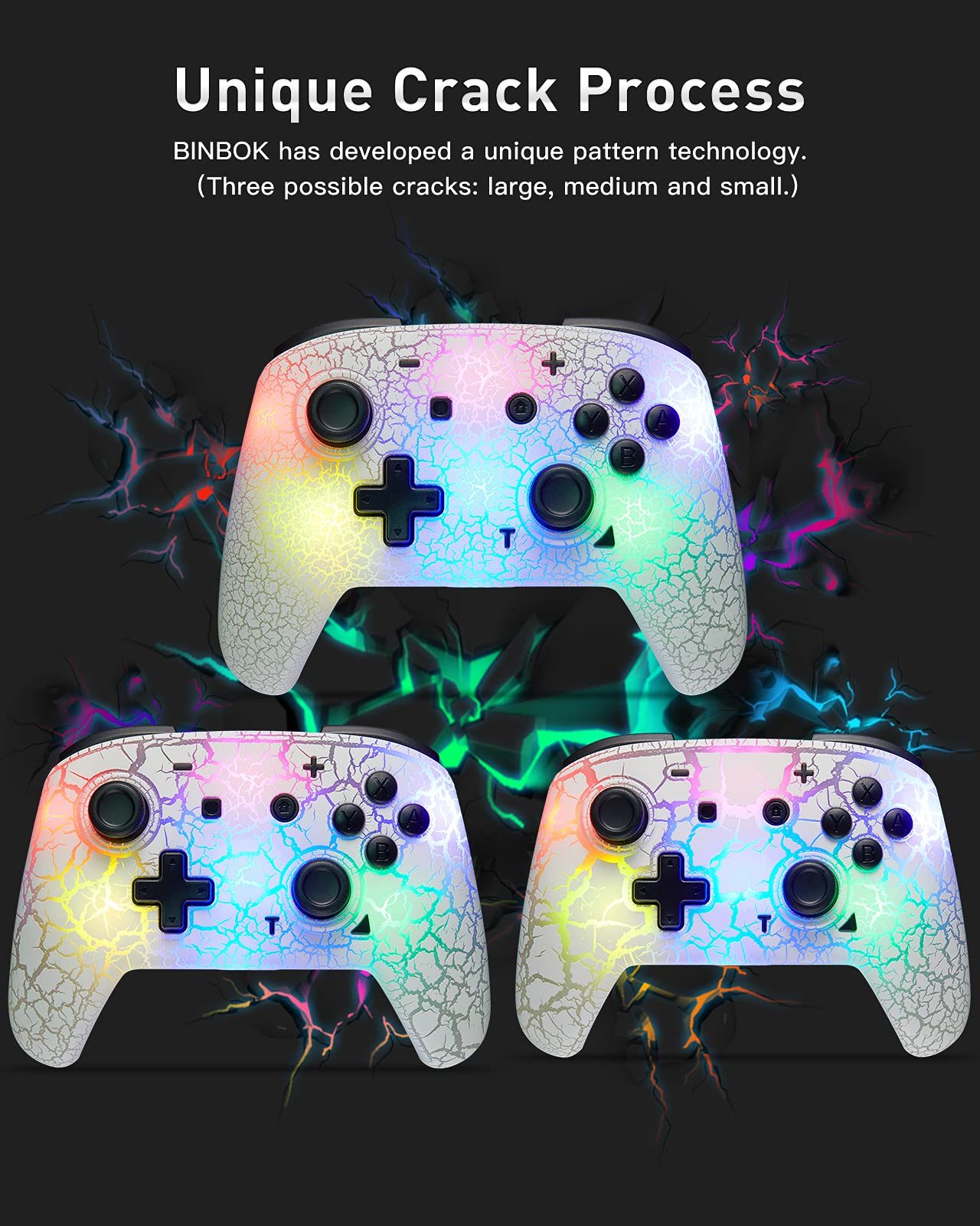 binbok Switch Controller, Wireless Switch Pro Controller for Switch/Switch Lite/Switch OLED, 8 Colors Adjustable LED Wireless Remote Gamepad with Unique Crack/Turbo/Motion Control (White) - amzGamess