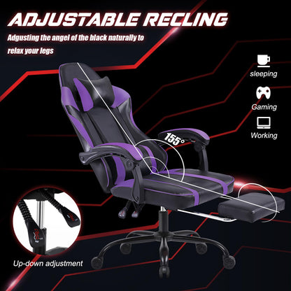 Video Game Chair for Adults, Computer Chair Gaming Chairs for Kids, Adjustable Lumbar Pillow Headrest Office Desk Chair Gamer Chair with Footrest, Purple