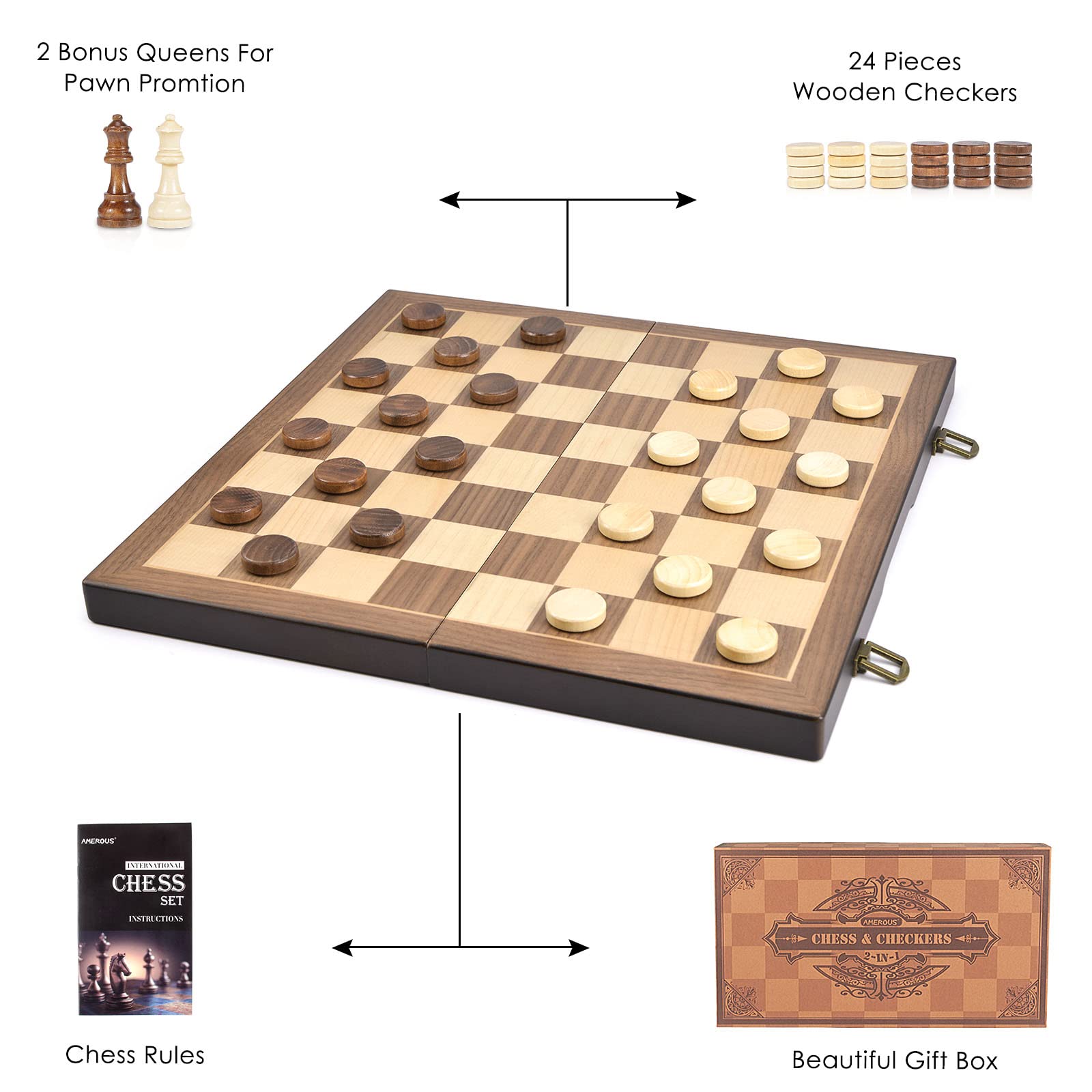 AMEROUS Magnetic Wooden Chess and Checkers Game Set, 15 Inches (2 in 1) Chess Board Games, 2 Extra Queens - Gift Package - Game Pieces Storage Slots, Beginner Chess Set for Kids, Adults - amzGamess